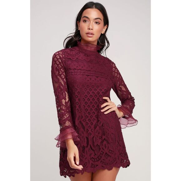 NWT Lulus Burgundy Maroon Lace Mini Dress Chiffon Ruffle & Collar Detail Size‎ S - Picture 1 of 12